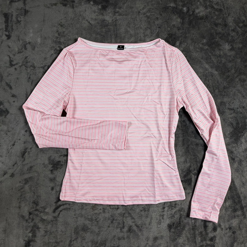 Pink White Striped Long Sleeve Boat Neck Top Slim Fit Casual Shirt Medium